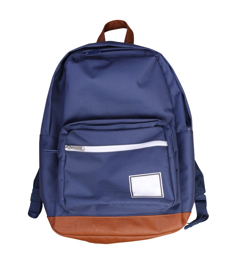 A navy blue backpack with a brown leather bottom