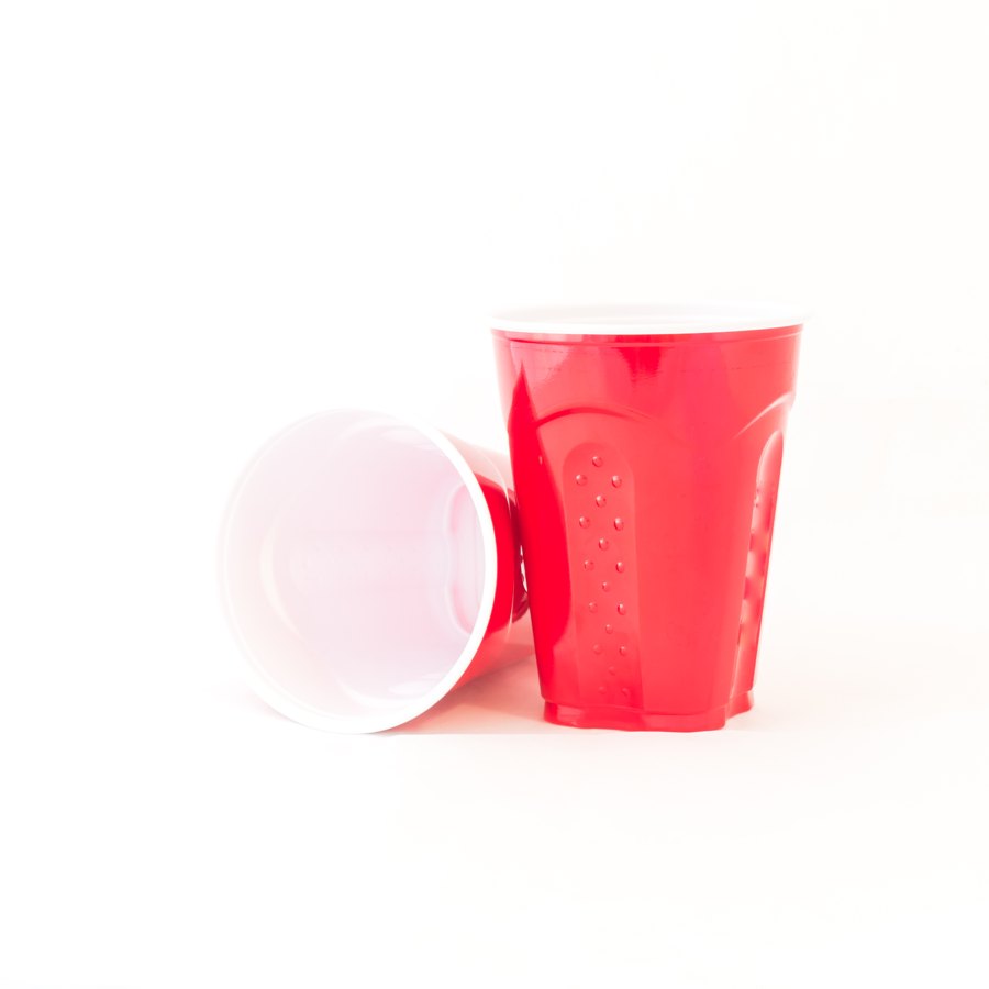 Two red plastic party cups