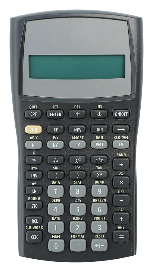 A black scientific calculator on a white background