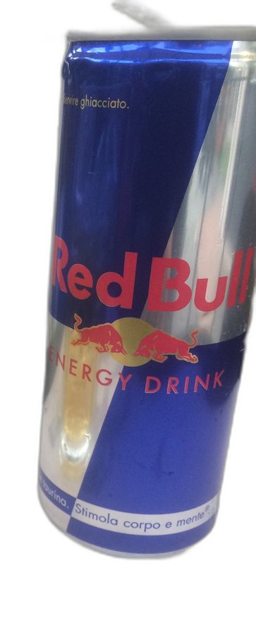 A Red Bull energy drink can