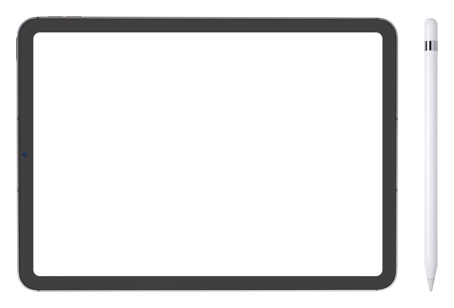 A tablet with a white stylus pen beside it on a white background