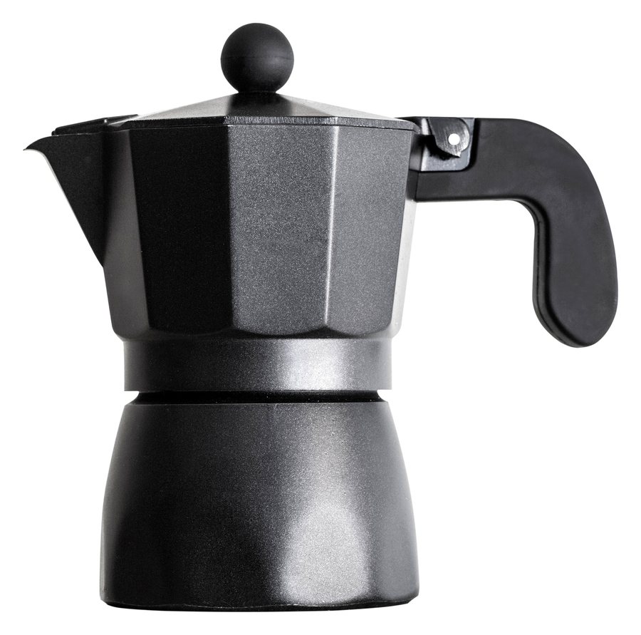 A black moka pot on a white background
