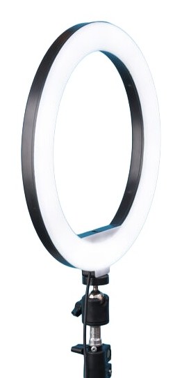 An LED ring light on a tripod