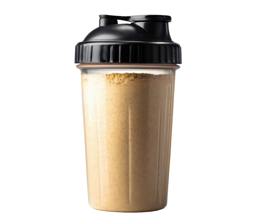 A protein shaker bottle filled with shake