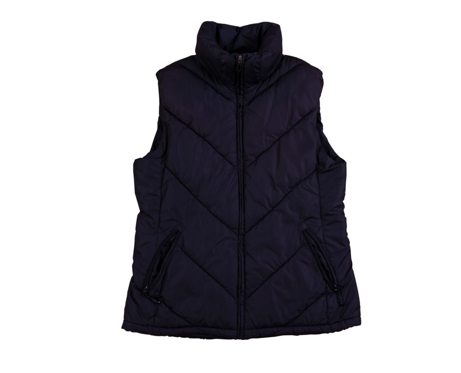 A black quilted puffer vest