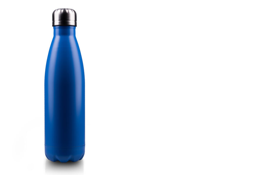 A blue stainless steel insulated water bottle